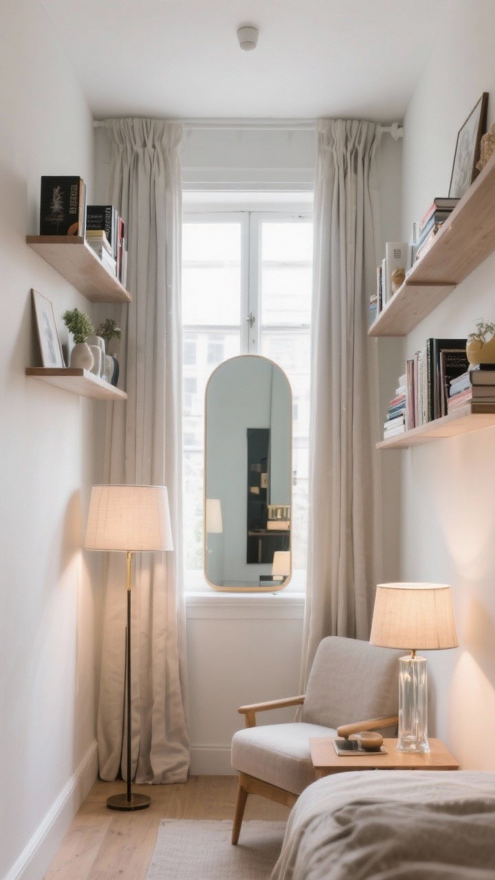 Wide shot: Small room utilizing vertical space—wall-mounted shelves placed above eye level holding books and decor, ceiling-height curtains drawing the eye up, and tall, narrow floor lamps that keep sightlines open. Across from a window sits a large mirror doubling the daylight. Lamps use glass or light linen shades to soften light, reducing harsh shadows on furniture. Bright, airy, vertical emphasis, photorealistic.