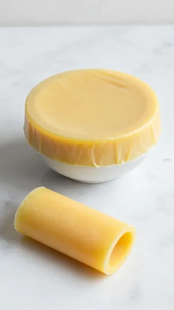 Beeswax wraps covering bowls on marble countertop