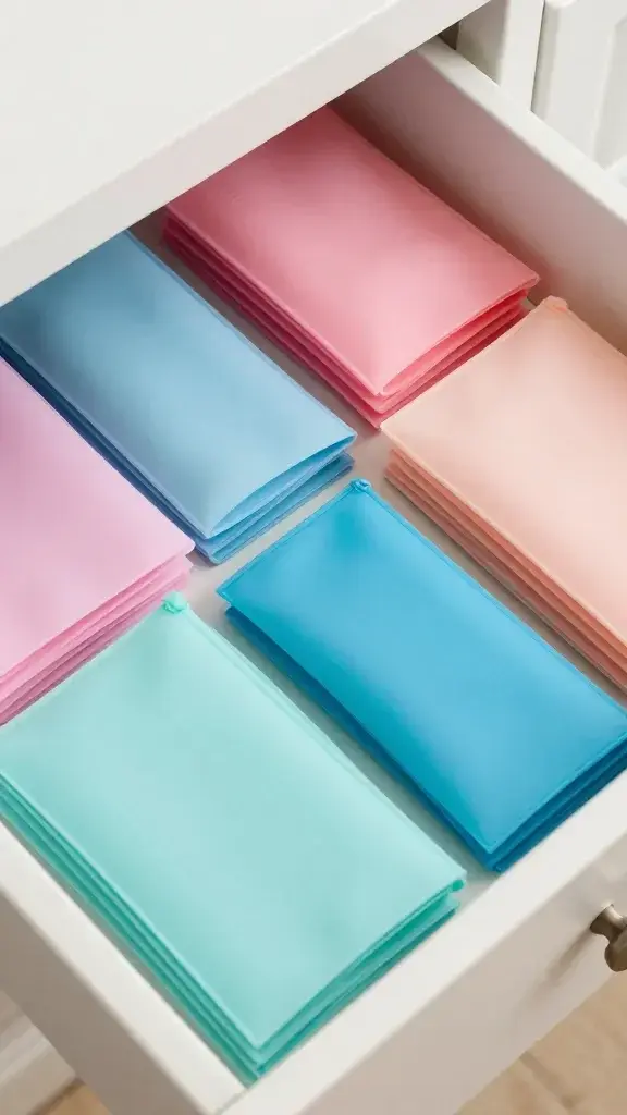 Reusable silicone pouches neatly organized in drawer