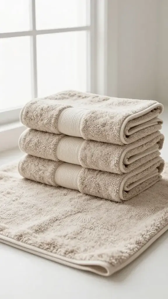 Neutral towel stack, matching bath mat, soft window light