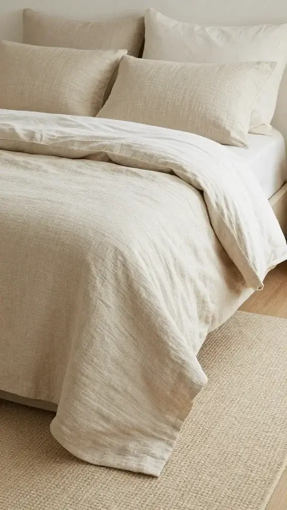 Coordinated linen set on bed, beige rug, natural light