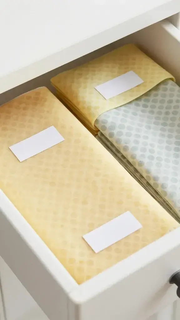 organized beeswax wraps in drawer with labels