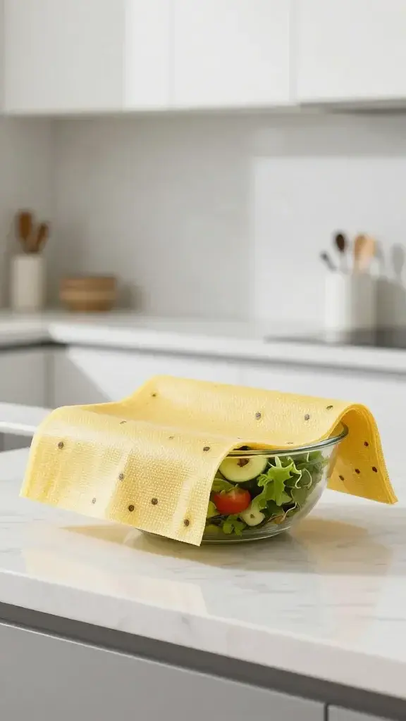 beeswax wrap covering salad bowl, clean modern kitchen