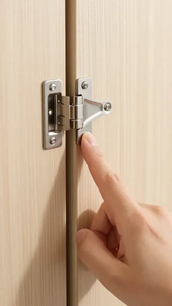 Ear near creaking cabinet hinge, finger pressing, wood detail