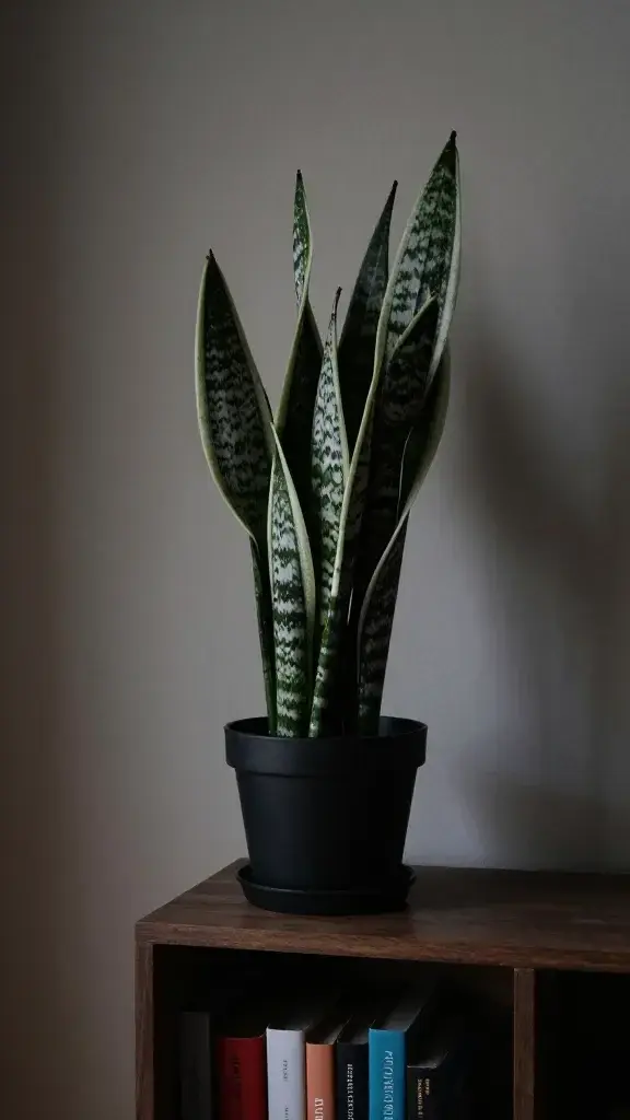 snake plant on bookshelf in dim north-facing apartment