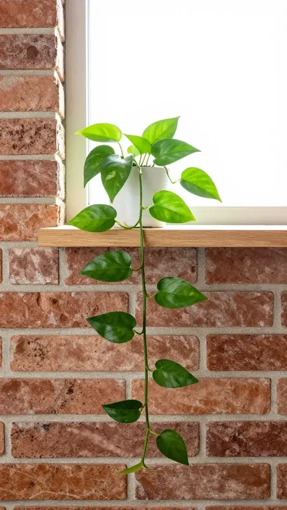 pothos trailing from floating shelf near brick-wall window