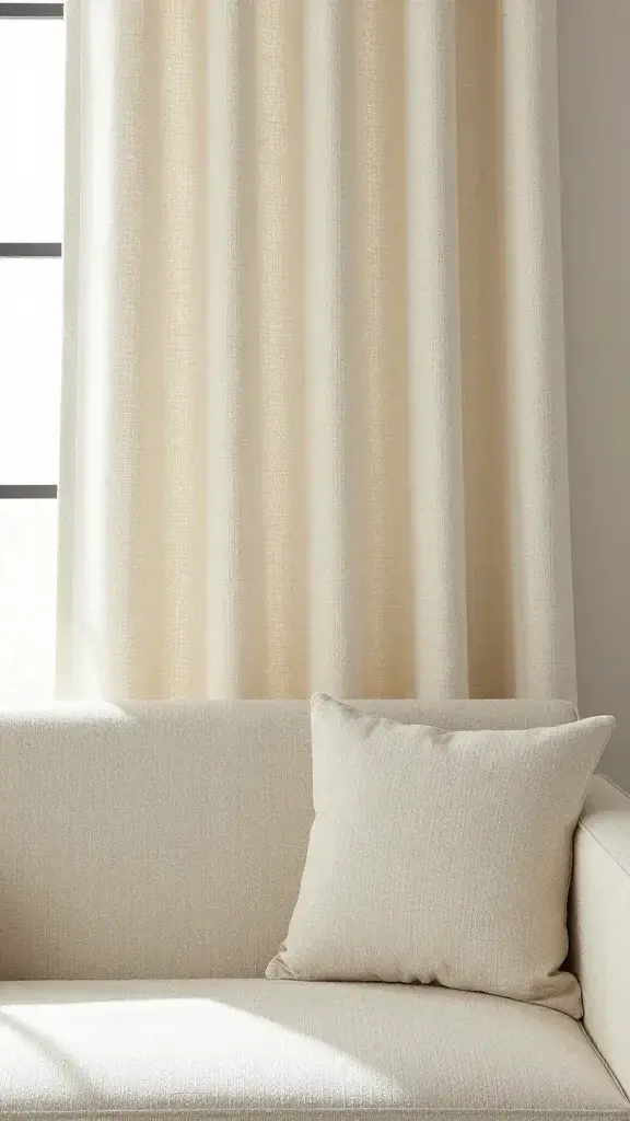 Layered textiles on sofa with heavy curtains, soft daylight