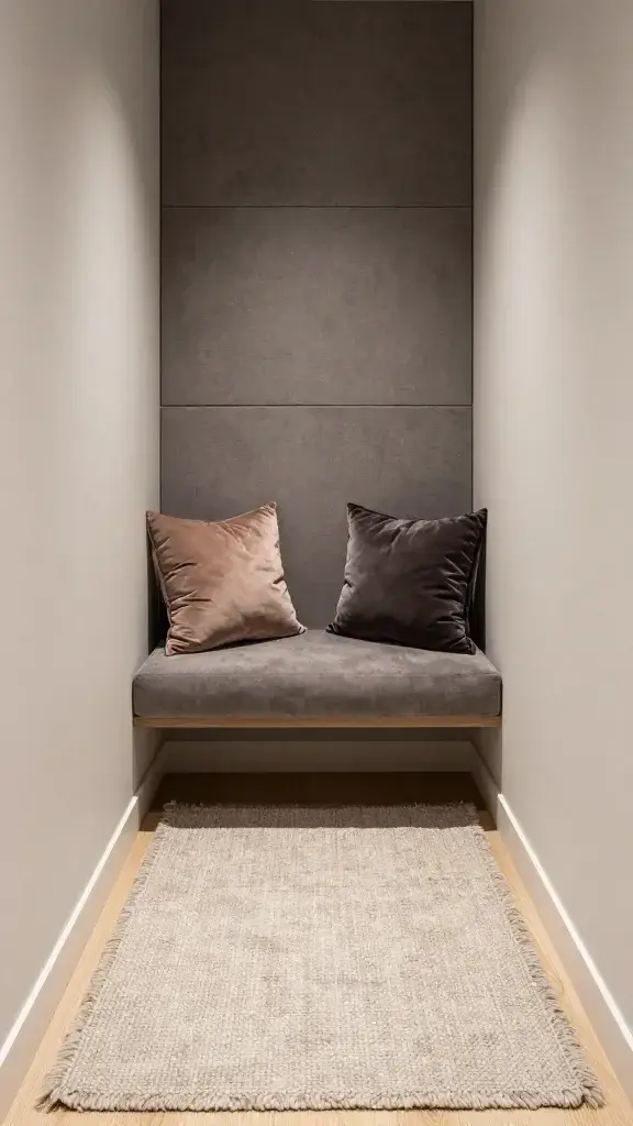 Compact nook with wool rug, velvet cushions, acoustic wall panels
