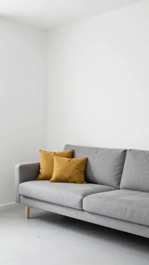 small studio living room, 60% white walls, 30% gray sofa, 10% mustard pillows