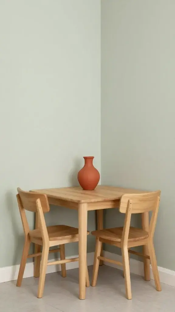 tiny dining nook, 60% light sage walls, 30% natural wood chairs, 10% terracotta vase