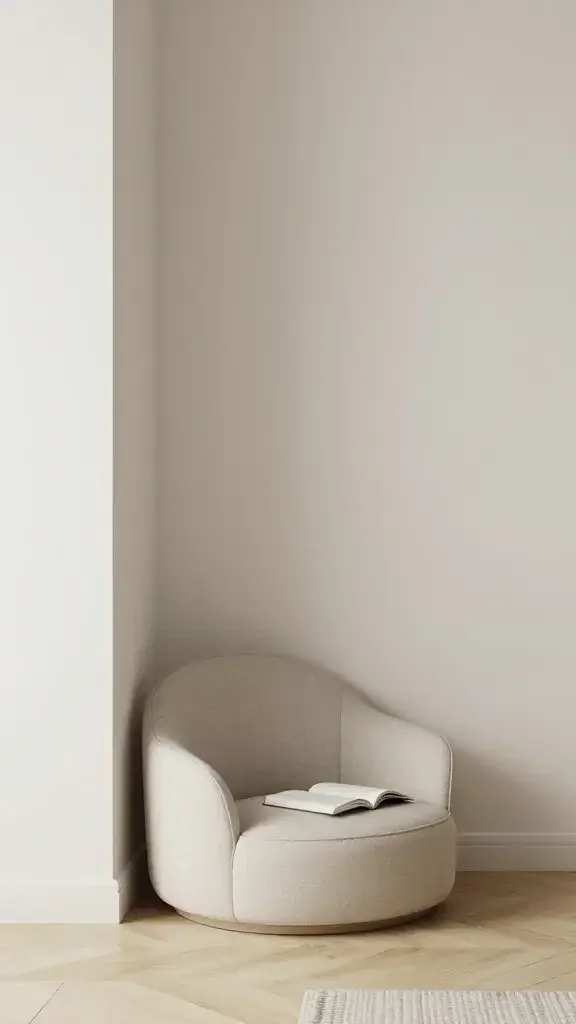 Tiny reading nook, Scandi calm, neutral palette, soft light