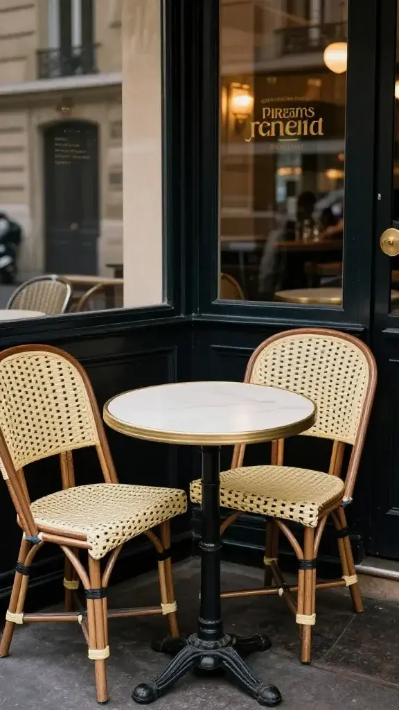 Parisian café corner, bistro chair, small round table, window light
