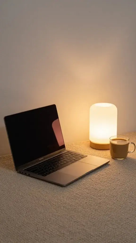 Laptop-and-latte setup, warm lamp, minimal clutter, textured rug