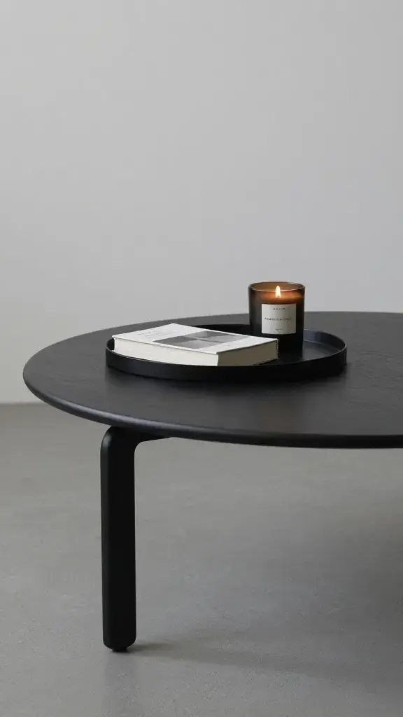 minimal coffee table with tray, book, and candle