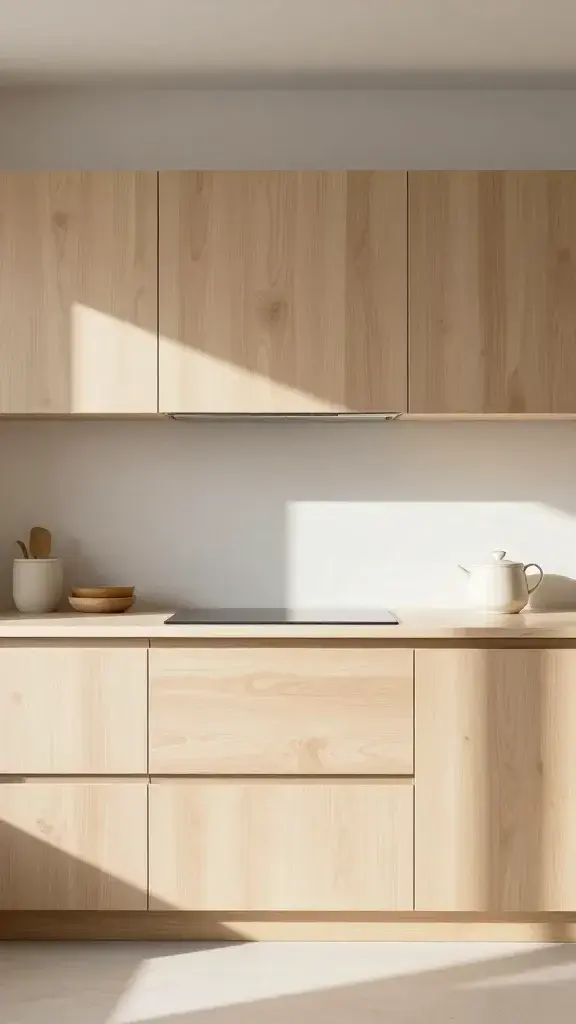 sunlit Japandi kitchen with pale oak cabinets, matte ceramics