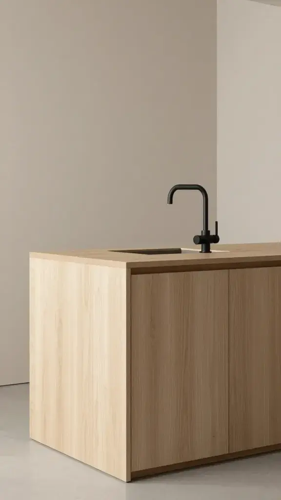 Scandinavian light wood island, black faucet, warm neutral walls