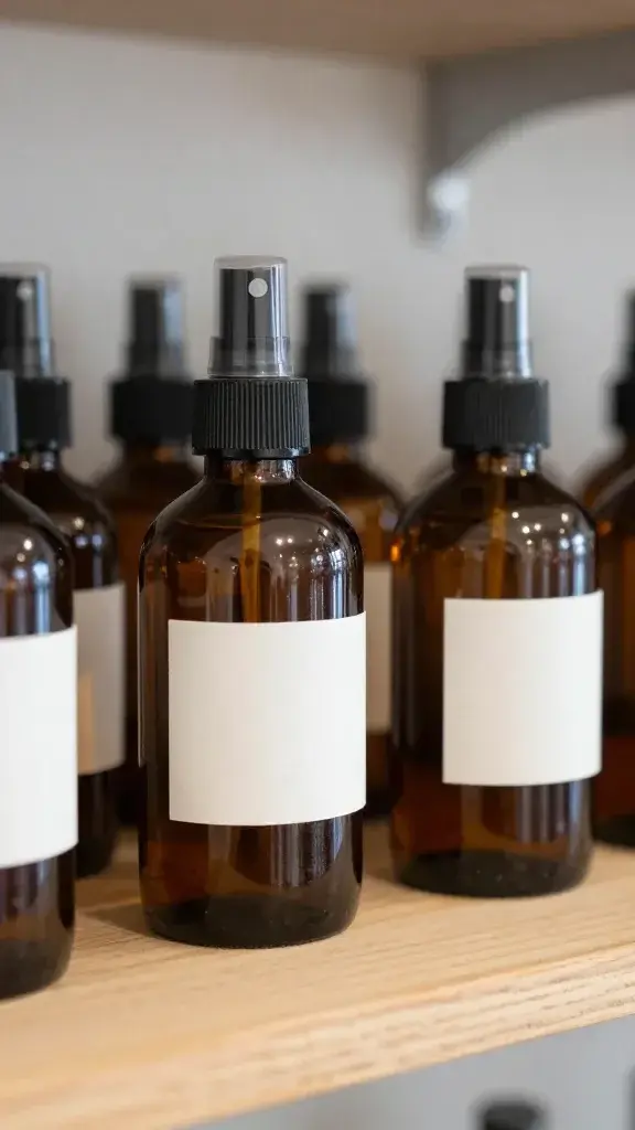 Amber glass spray bottles with DIY labels on wooden shelf