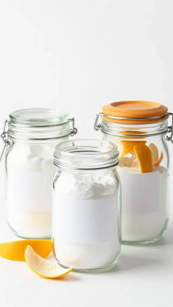 Mason jars of baking soda and citrus peels, white background