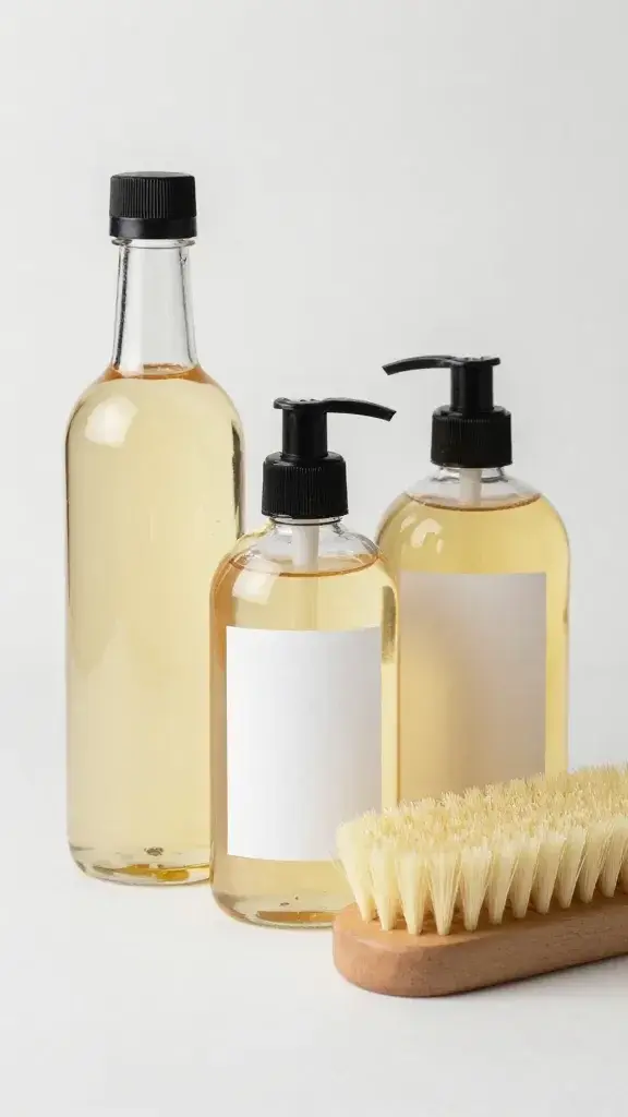 Vinegar and castile soap bottles beside natural bristle brush