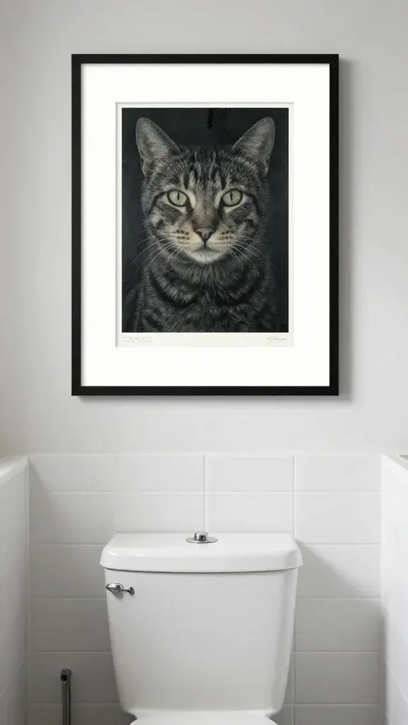 framed giclée print above toilet in small tiled bathroom