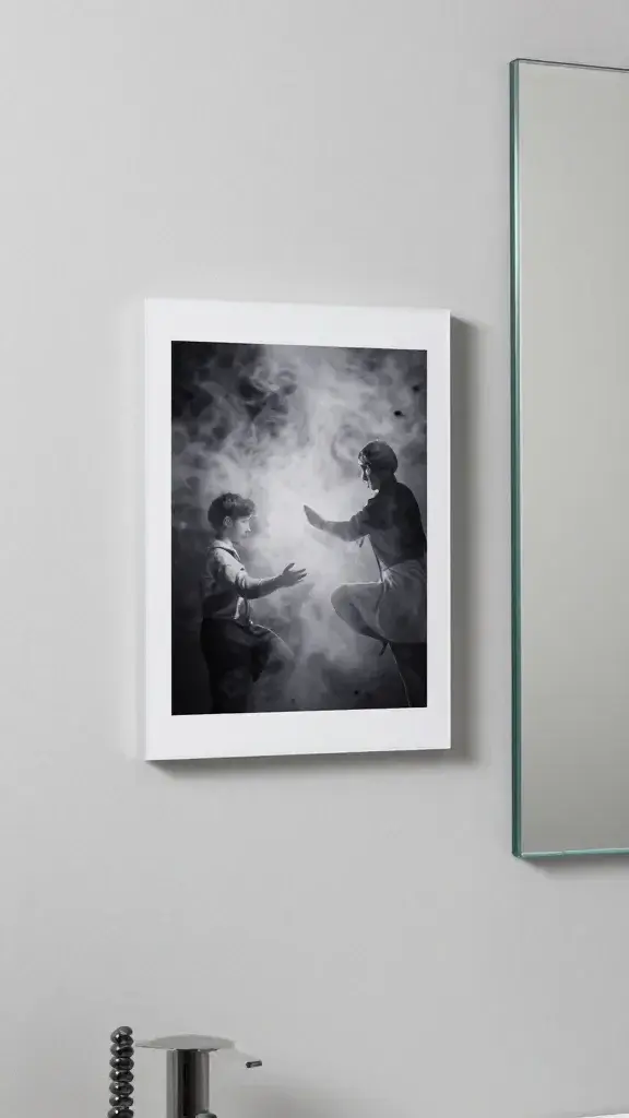 acrylic-mounted photo beside mirror, steam-resistant bathroom setting