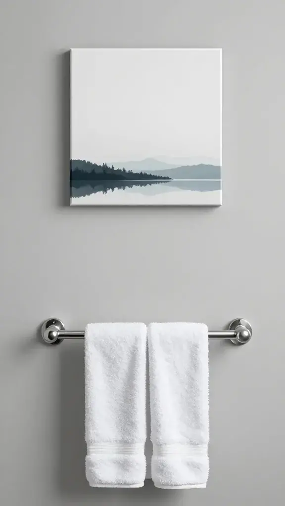 sealed canvas print above towel bar, compact powder room