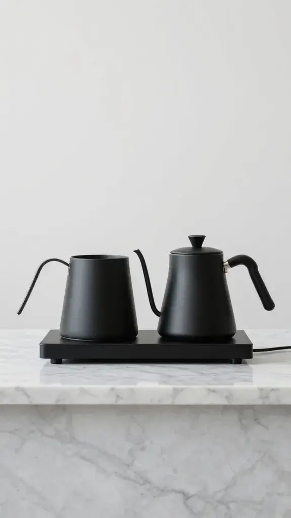 minimalist coffee station on marble counter, matte black kettle