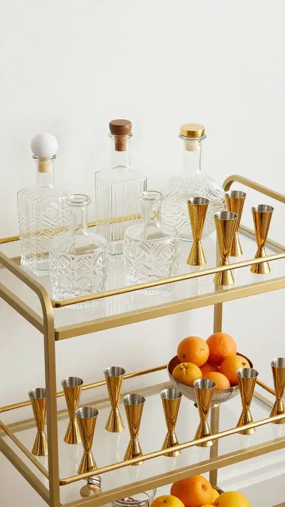 bar cart with organized decanters, gold jigger, citrus bowl