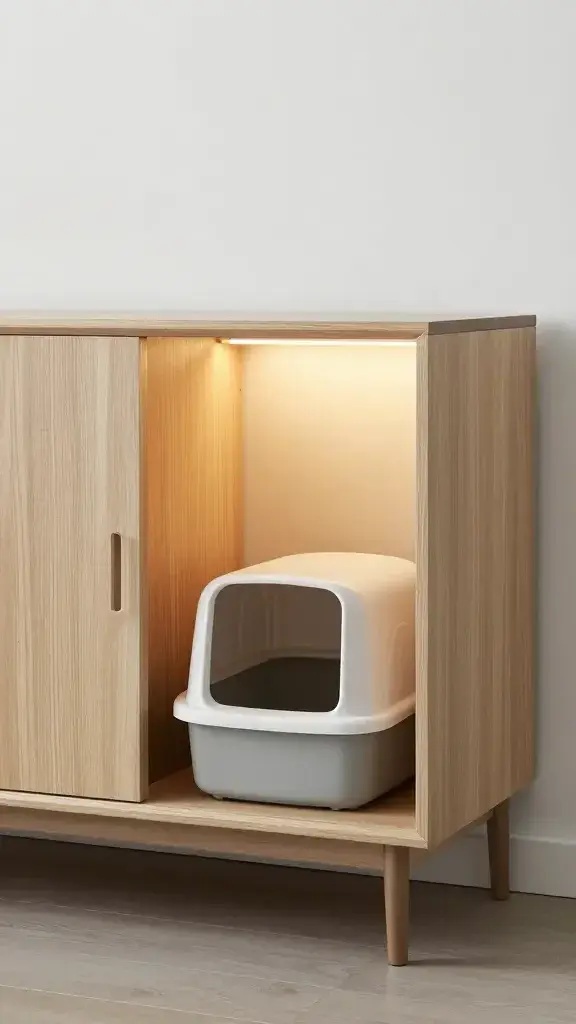 Modern credenza hiding litter box, side entry, warm lighting