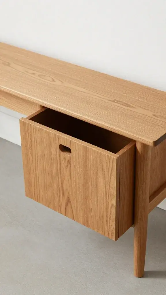 Mid-century bench with hidden litter compartment, oak wood, minimal