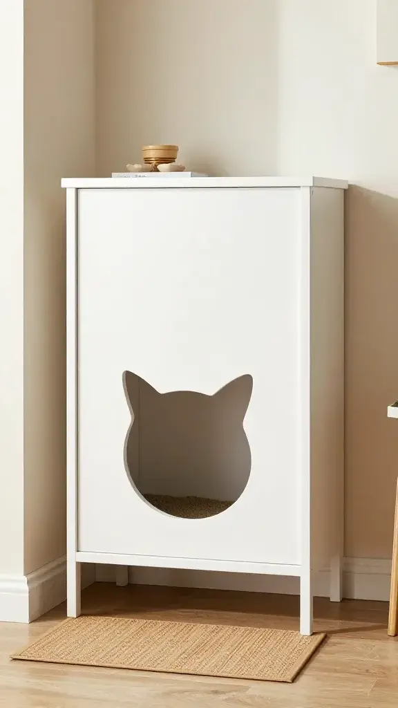 Entryway cabinet with cat cutout, mat catching litter, natural light