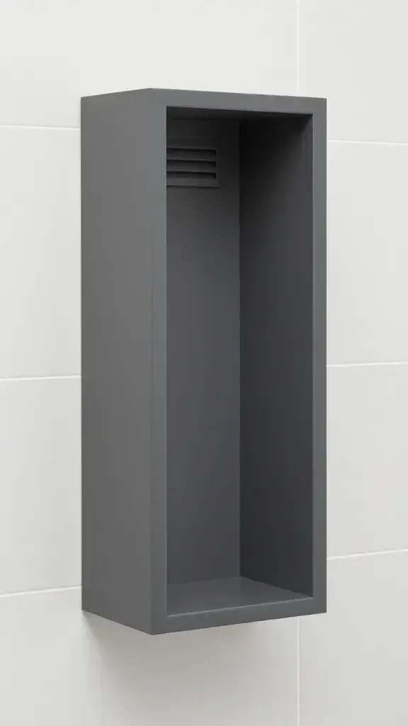 Bathroom vanity concealment, charcoal cabinet, discreet vent, clean tile