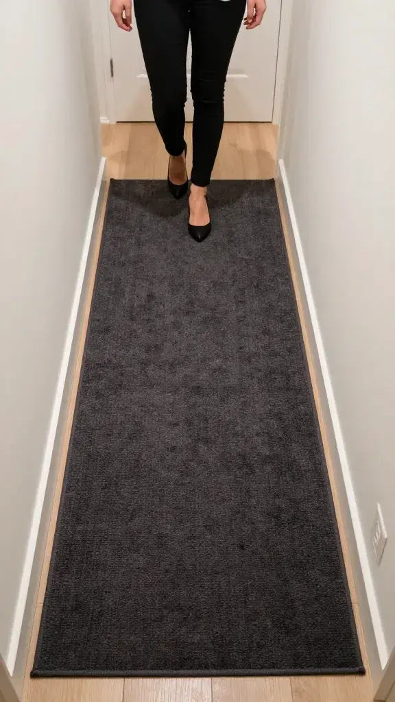 narrow entryway runner with dark low-pile rug