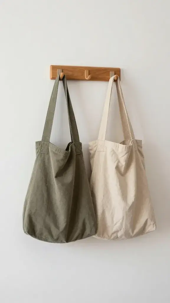 small wall-mounted hooks holding two bags by front door