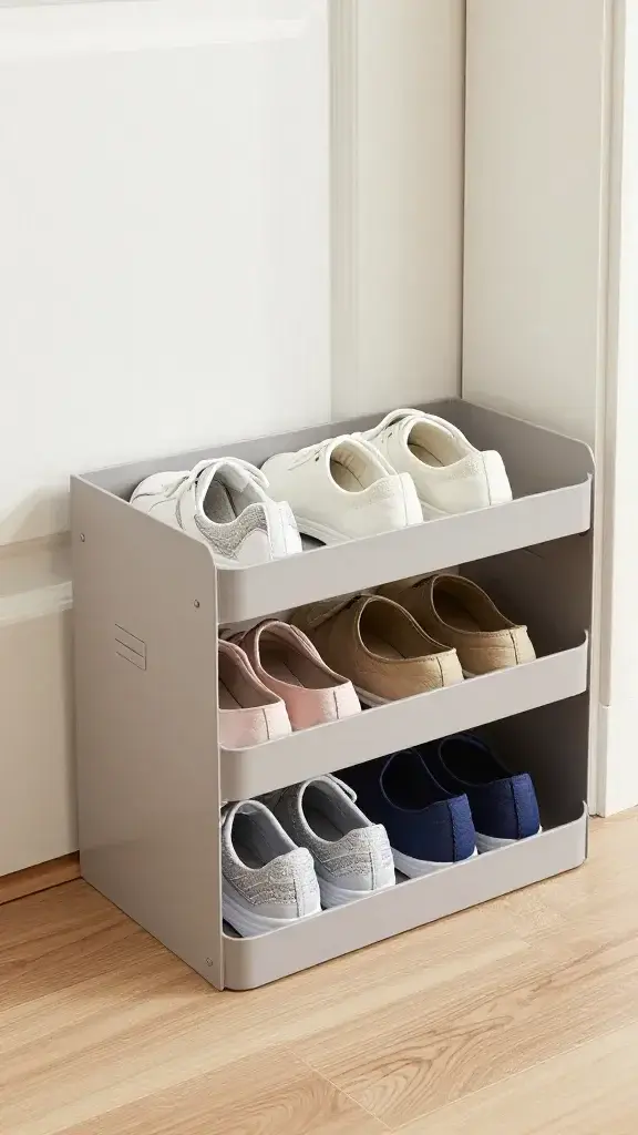 shallow shoe tray with three pairs by apartment door