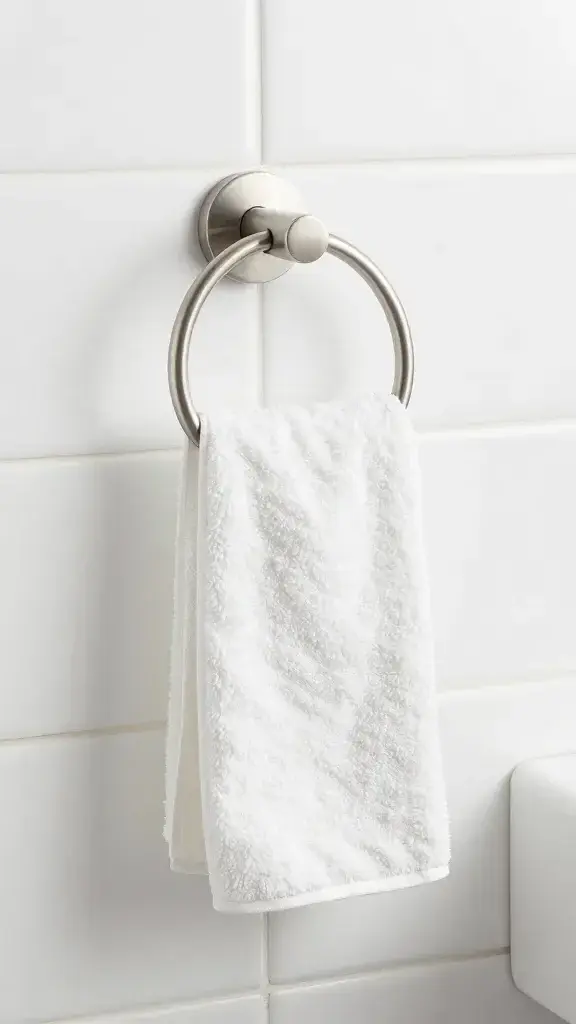 hand towel ring by sink, brushed nickel, white tile wall