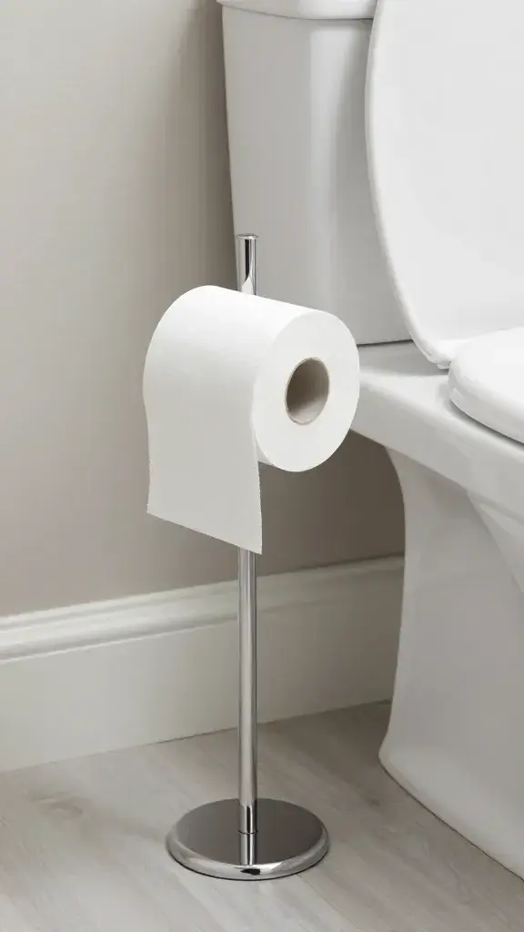 slim toilet paper stand beside toilet, extra rolls visible