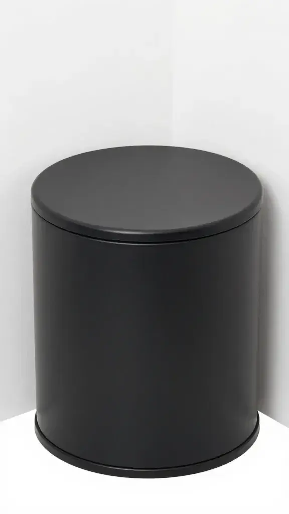 small lidded bathroom trash can, matte black, corner placement