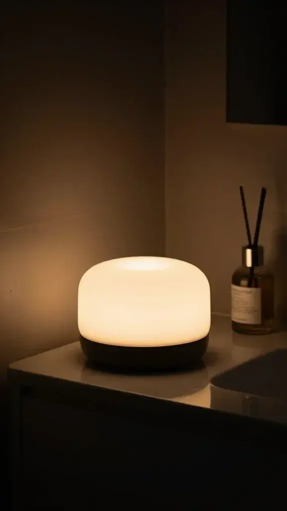 motion nightlight glowing under vanity, dark small bathroom