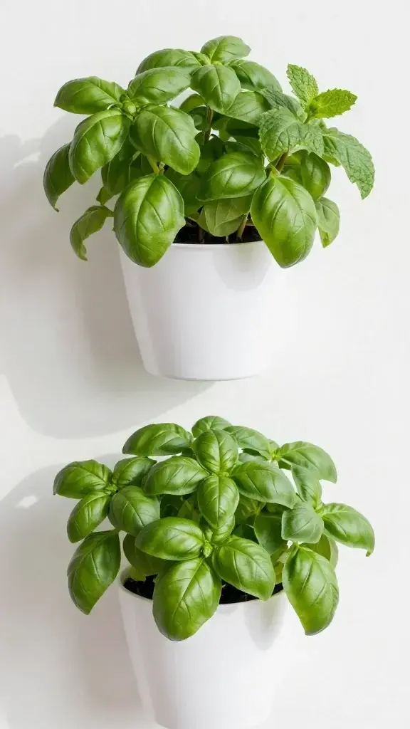 basil and mint in tiered wall pots, bright morning light