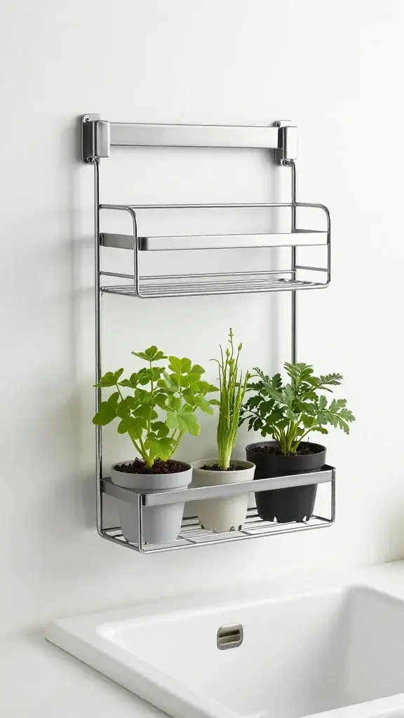 sleek metal hanging herb rack over white farmhouse sink