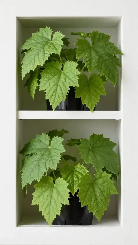 compact window-mounted herb shelves, fresh green leaves close-up