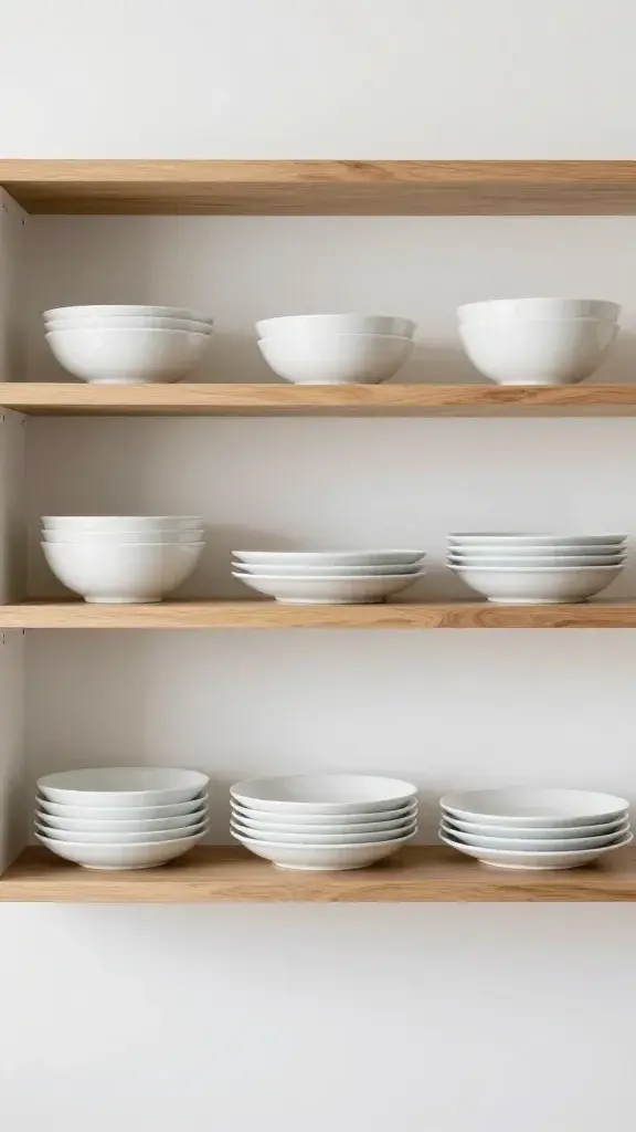 minimal open kitchen shelves, white dishes, oak wood, airy