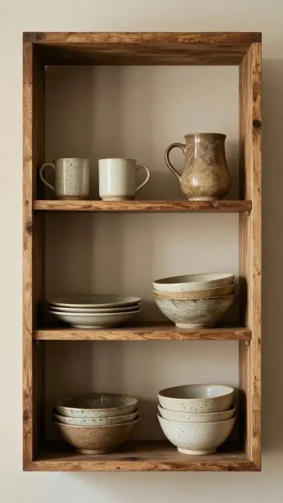 rustic open shelves, stoneware mugs, stacked bowls, warm light