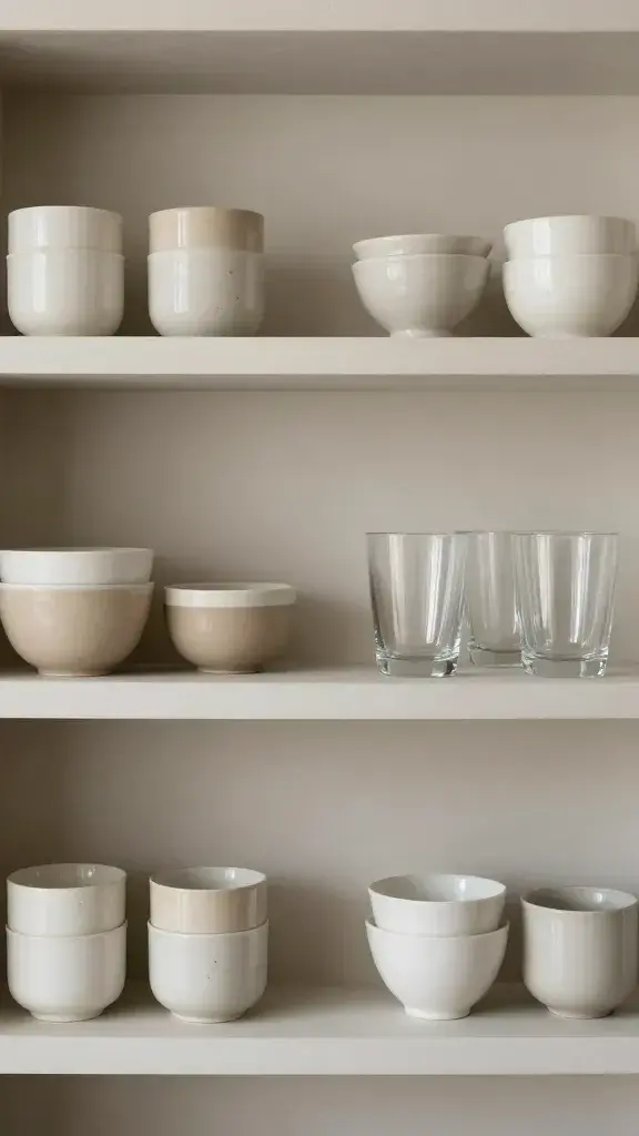 color-edited shelves, two-tone ceramics, clear glassware, neutrals