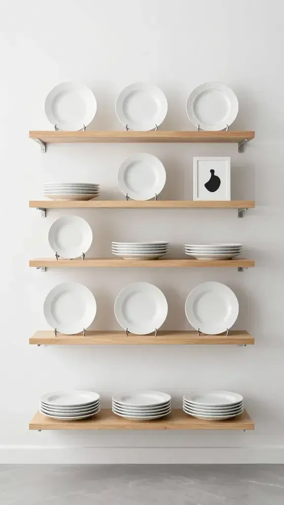 hybrid display shelves, everyday plates, small art, balanced spacing