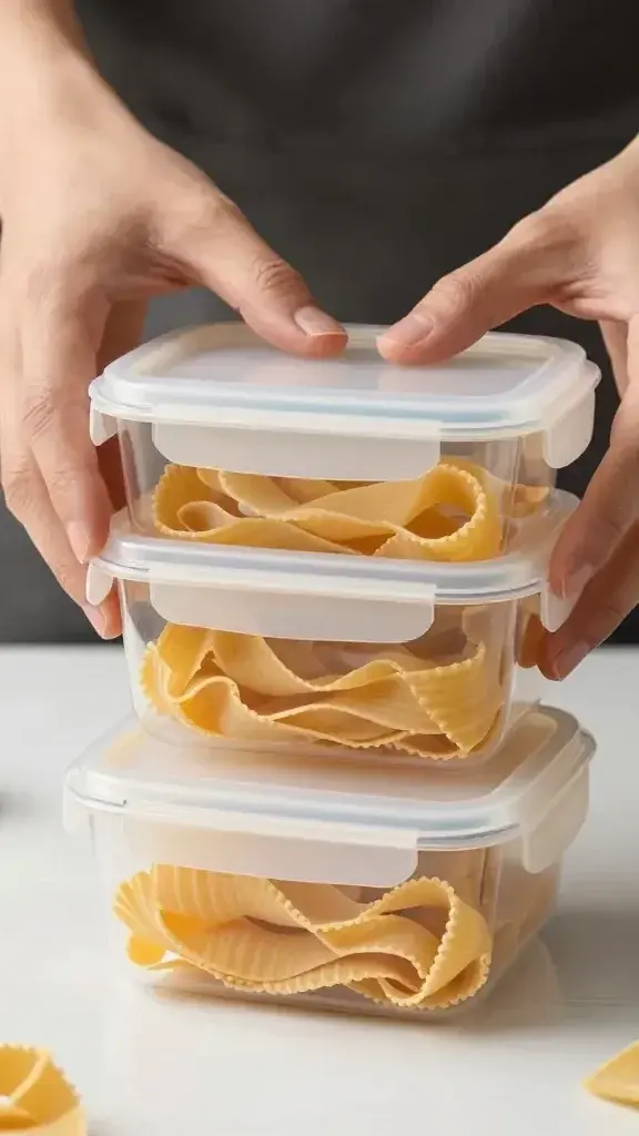 hands consolidating two pasta boxes into one airtight container