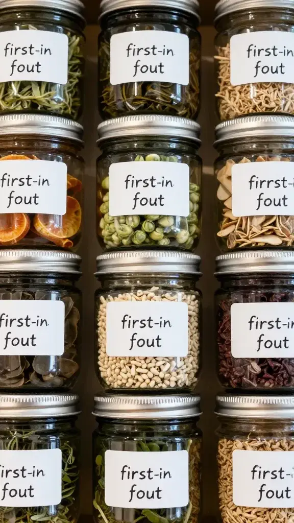 first-in-first-out pantry labels on jars, top-down shot