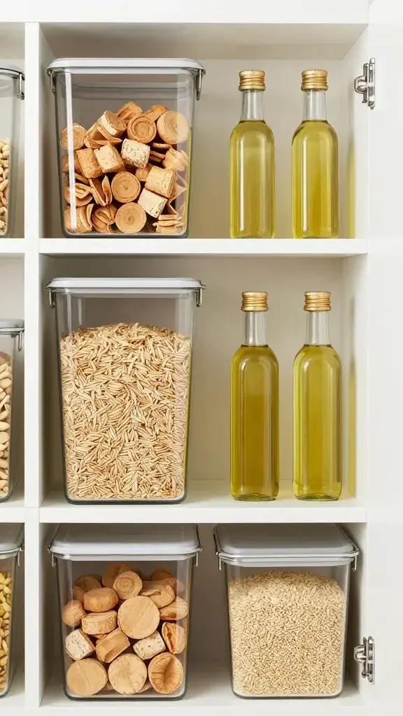 small pantry zones: snacks, grains, oils, tidy and bright