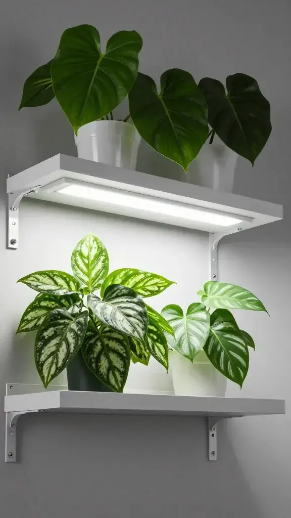 slim LED grow light under shelf, philodendron and calathea